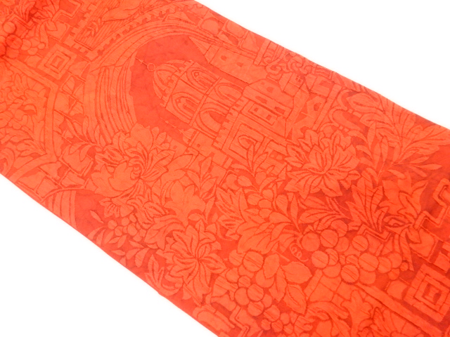 纐纈　洋館に花鳥・葡萄模様織り出し　袋帯